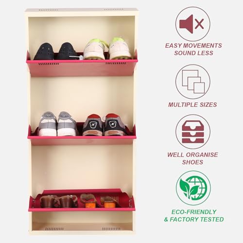 Image of Metal Shoe Rack Wall Mounted for Home with Central Locking 3 Door 20 inch Wall Mounted Metal 6 Pair Shoe Rack Cabinet Pre-Assembled Rack Shelves 3 Year Warranty (Pink & Ivory)