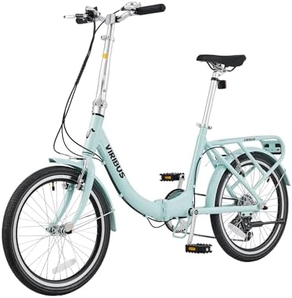 Viribus Folding Bike, 20 inch Lightweight Foldable Bike for Adults 7 Speed with Aluminum Frame, Basket & Rear Rack, Step Through Collapsible Bike for Women Men Seniors City Commuter, Light Green