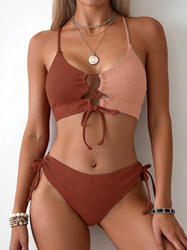 Image of B2prity Tie Bikini Top Set Sexy Push Up 2 Piece Swimsuit Color Block Bathing Suit Full Coverage Swimwear for Curvy Women
