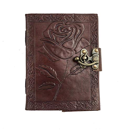TUZECH Handmade Leather Bound Journal Vintage Writing Notebook For Women and Men with Lock & Engraved Rose Gift Art Travel Diary Book of Shadows Notebooks To Write (7 by 5 Inches)