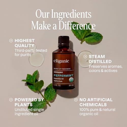 Image of Cliganic Organic Peppermint Essential Oil, 1oz - 100% Pure Natural Undiluted, for Aromatherapy | Non-GMO Verified