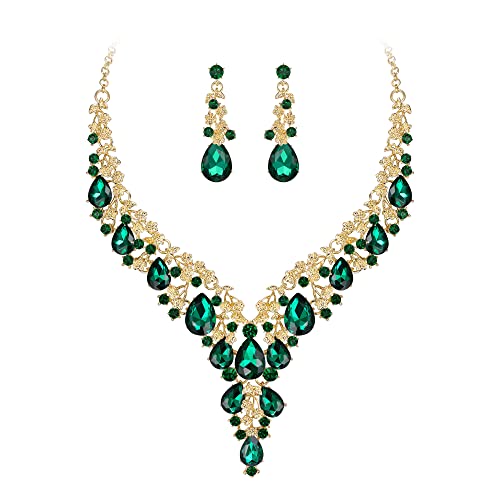 Clearine Wedding Bridal Jewellery Set Teardrop Rhinestone Crystal Cluster Prom Costume Statement Necklace Dangle Earrings for Women Emerald Gold-Tone