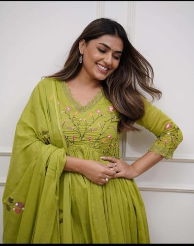 Image of Women's Cotton Embroidered Long Anarkali Kurti with pant and Dupatta Set