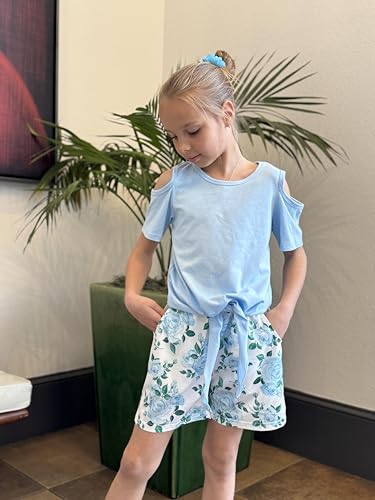 Image of Arshiner Girls Short Sets 2 Pieces Outfits Short Sleeve Tie Knot T-Shirts and Casual Shorts With Pockets Cute Clothes Sets