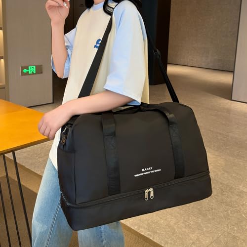 FOAN & MABLE Light Gym Bag for Women, Large Capacity Sports Travel Duffle Bag with Shoe Compartment & Wet Pocket, Lady Weekender Overnight Aircraft Bag (Black)2
