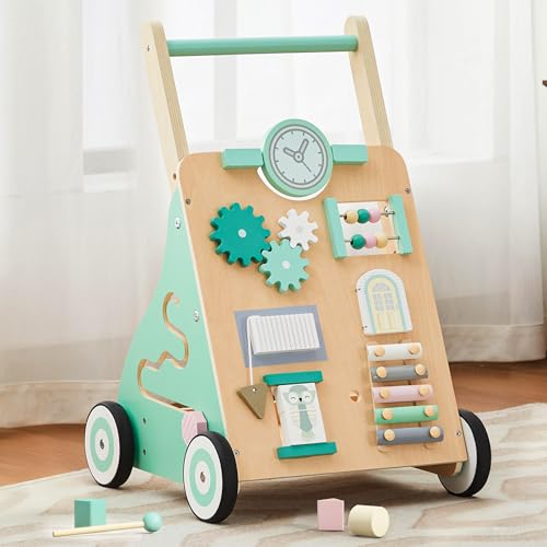 Image of Tltaroni Baby Walker with Wheels, Wooden Baby Walker Push Toy Adjustable Height and Speed Montessori Walker Multiple Learning Activity Walker for Boys Ages 9+ Months, Green