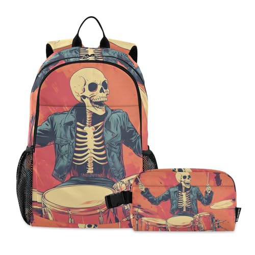 Travel Backpack Lunch Bag Set for Hiking Picnic, Backpacks with Insulated Lunch Box Skull Play Drum Print