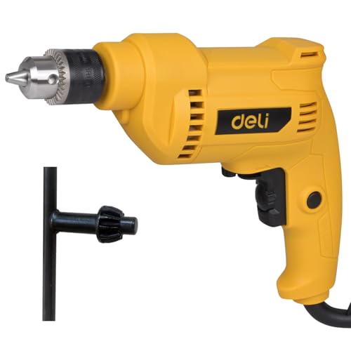 Image of Deli DL-DZ10-E3 500W Corded Electric Drill 0-3300RPM No-Load Speed 10mm Chuck Size 220-240V ~ 50 /60Hz Drilling Machine with Forward /Reverse Rotation & Switch Lock Function (Pack of 1, Yellow)