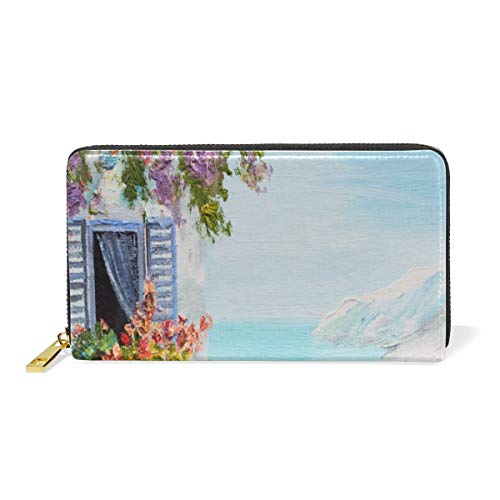 Preisvergleich Produktbild GIGIJY Geldbörse für Damen, Motiv: Ölgemälde, Terrasse, Meer, Landschaft, mehrere Kreditkartenfächer, Tasche, echtes Leder, mit Reißverschluss