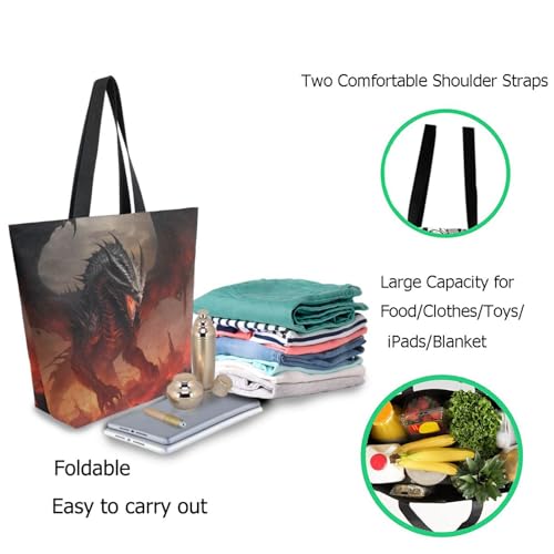 Stylish Extra Large Shoulder Grocery Tote Bag, Cool Black Dragon with Red Eyes Fantasy Canvas Daily Handle Bag for Gym Weekender Beach Travel Kitchen Reusable Market Shopping3