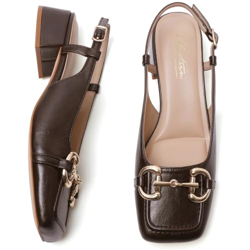 Image of Mostrin Mary Jane Shoes Women Slingback Chunky Low Heels for Women Closed Rounded Toe Ankle Strap Pumps Daily Wedding Party Dress Shoes