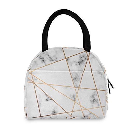 Auuxva Lunch Bag Geometric Gold Lines Marble Print, Lunch Box Insulated Tote Bags With Handle, Reusable Cooler Ice Pack Handbag For Women Men #TOP2
