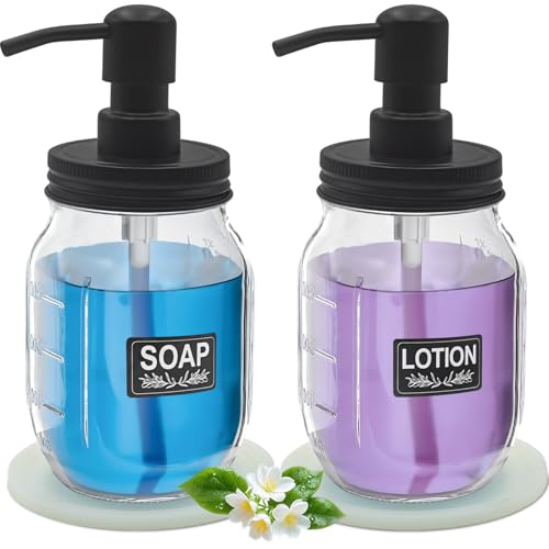 Hutalecho Mason Jar Soap Dispensers with Rustproof Stainless Steel Lid and Pump, Perfect for Bathroom or Kitchen - no Liquid (Black 2 PCS)