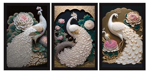 Image of ArtX Paper Peacock Painting For Wall Vastu For Living Room Decoration Big Size, Framed Painting for Wall Decoration, Wall Decor For Bedroom, Multicolor, 12x18 inches, Set Of 3