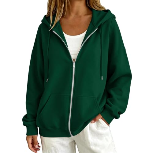 Image of Dark Green Ladies Zip Up Sweatshirts Ladies Sweatshirt Fashion Autumn Clothes Hoodie Jacket Long Sleeve Baggy Solid Colour Hooded Sweatshirts Fleece Lined Casual Track Shirts Pockets Sports Jackets