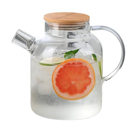 OEBUAFI Jarra de Agua de Vidrio, Jarra de Vidrio de Borosilicato de 68 Oz de Alto con Tapa de bambú y Filtro Batidor, para té Helado en Frío, Jugo de Limonada, Gran Capacidad,