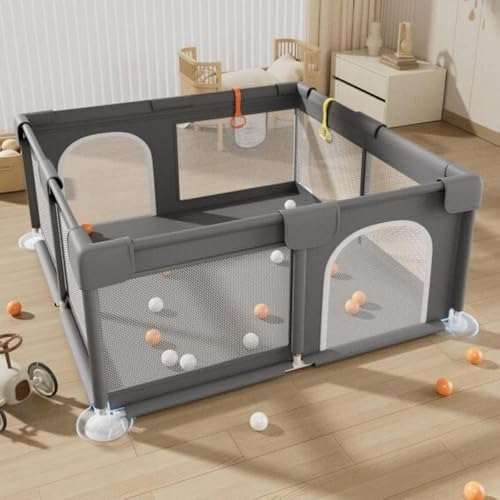 Ctkp ベビーサークル 高65cm メッシュ ベビーフェンス 子供遊び用 室内外対応 滑り止め吸盤付き 扉付き 堅固さ 滑り止め 洗濯可能 軽量 広々空間で楽しく安全に遊べる ボール30個、マット1枚、収納袋1枚が付属します (1.3* 1.3M,ダーク