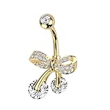 Pierced Owl 14GA 316L Stainless Steel CZ Crystal Paved Bow Ribbon Belly Button Ring (Gold Tone)
