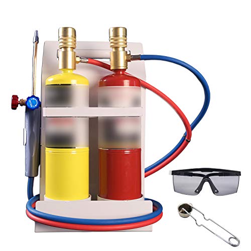 Kit de antorcha de oxígeno MAPP con medidor de presión con soporte para tanque, anteojos y encendedor de pedernal (cilindros de gas no incluidos)