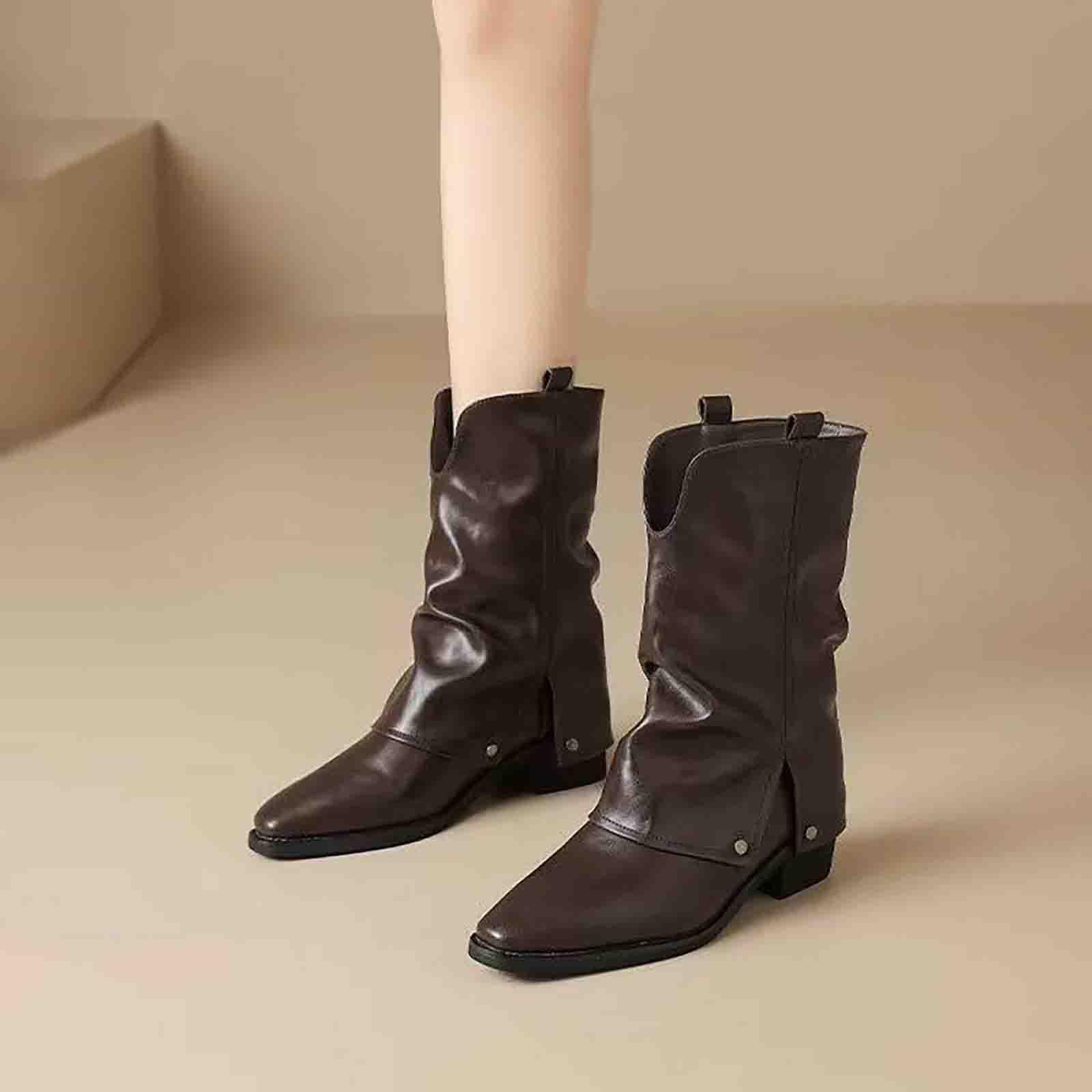 FGUUTYM Bottes de western - Bottes de cowboy - En cuir - Avec talon bloc - Bottines pour femme - Avec talon pointu - Tige courte - En cuir - Pliable - Pour costume traditionnel traditionnel