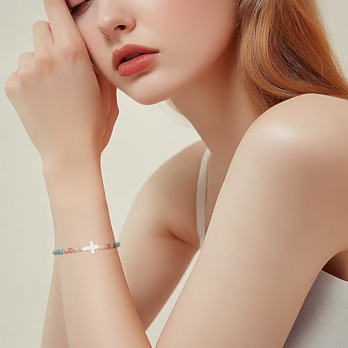 Cross Gemstone Beaded Strand Bracelet for Women,Trendy Cute Handmade Adjustable Natural Stone Bead Bracelets Fashion Christian Jewelry Gift.2