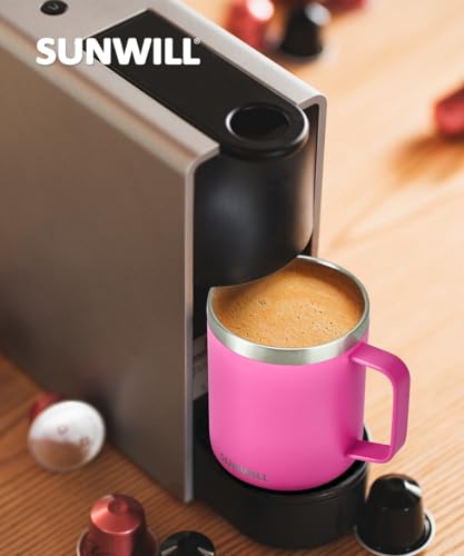 Image of SUNWILL Insulated Coffee Mug with Lid, Travel Tumbler with Handle, 14 oz Stainless Steel Cup for Home, Office, Camping, Powder Coated Magenta