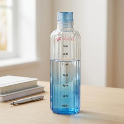 Image of Borosilicate Water Bottles, H2O Fridge Water Bottle with Cap, Leak proof & Airtight Lid, Water Bottle for Office, School, College - 500ml Bottles with Time Marker (Striped Blue)