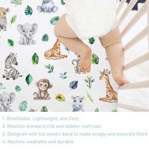 Image of Jungle Safari Animals Tropical Leaf Baby Crib Sheets 52''x28'' Leopard Elephant Giraffe Zebra Hippo Monkey Stretchy Fitted Crib Mattress Cover for Boy Girl Bed Sheet for Standard Crib Toddler Mattress