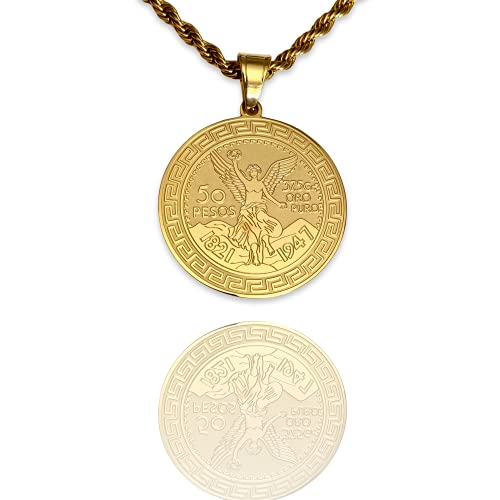 Shop-iGold Mexican 50 Pesos Coin Pendant Necklace 14k Gold Finish 925 Silver Centenario Moneda Necklace with 2.5mm Rope Chain Men & Women Jewelry (18)