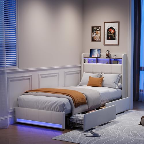 Mioosut Cama Individual Capitonada 90 X 200, Cama Con Cajón Con Almacenamiento, Cama De Una Plaza Con Iluminación Led Y Usb, Funcional, Camas Acolchadas De Lino, Adultos, Adolescentes, Sin Colchón
