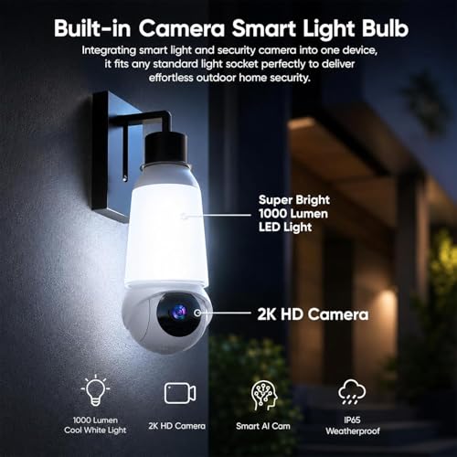 Image of Light Bulb Security Camera, 5G&2.4GHz WiFi Light Bulb Cameras Wireless Outdoor Indoor, 2 in 1 Lightbulb Camera for Home Security, 2K HD Color Night Vision, AI Motion Detection (5G & 2.4G - 2Pack)