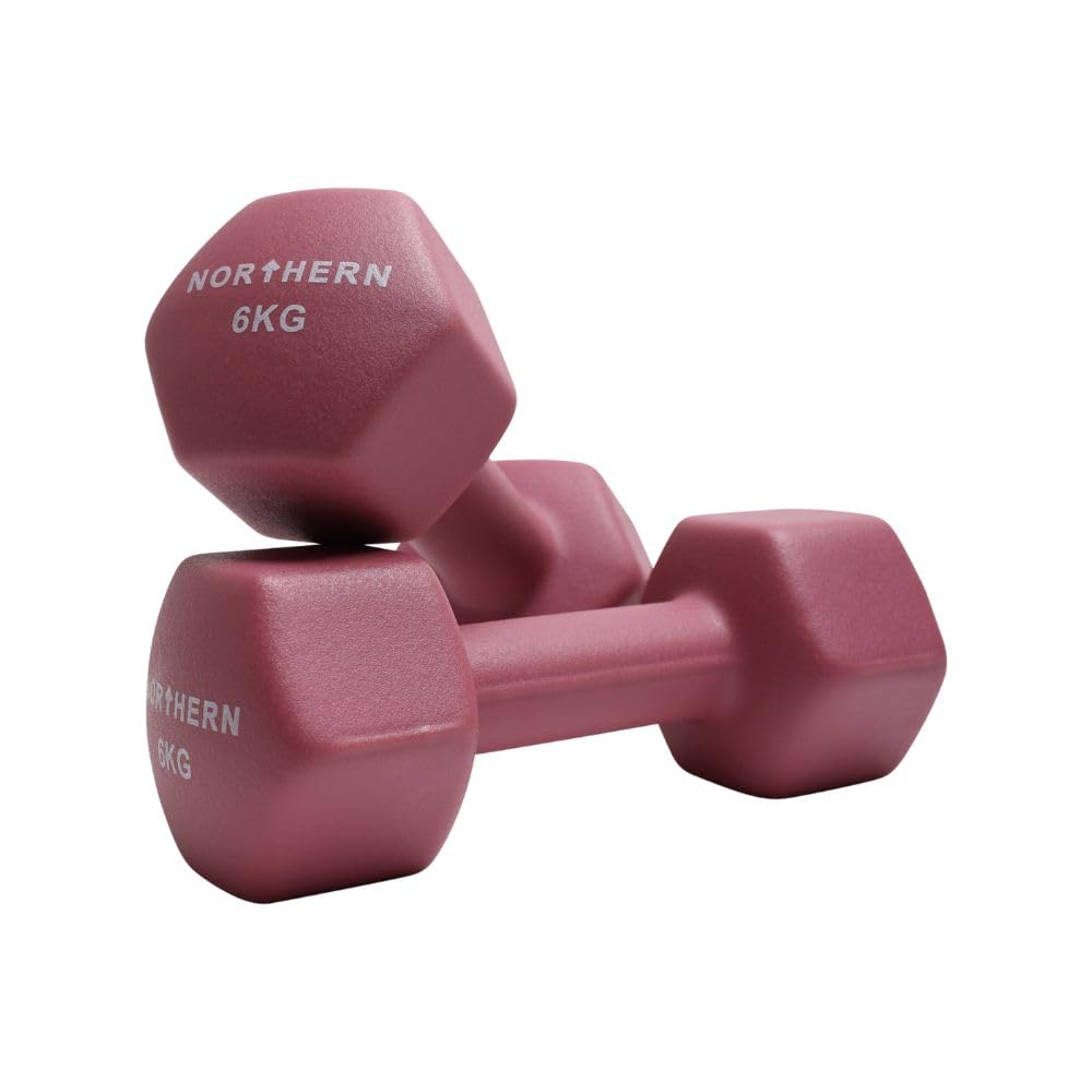 Northern Dusk Pink Neoprene Hex Dumbbells Pair, 1kg–8kg Hand Weights for Home Gym Strength Training, Non-Slip Hexagonal Dumbbells for Fitness, Aerobics, Yoga & Toning (6kg x 2)