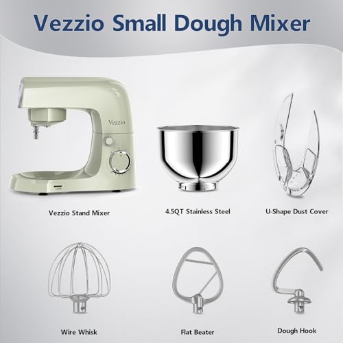 Vezzio Knetmaschine zum Backen, 1500 Watt Kompaktkneter, 10-stufiger geräuscharmer Teigkneter mit 4,5-Liter-Schüssel, inkl. Schneebesen, Knethaken, Rührbesen und Spritzschutz (Grün)