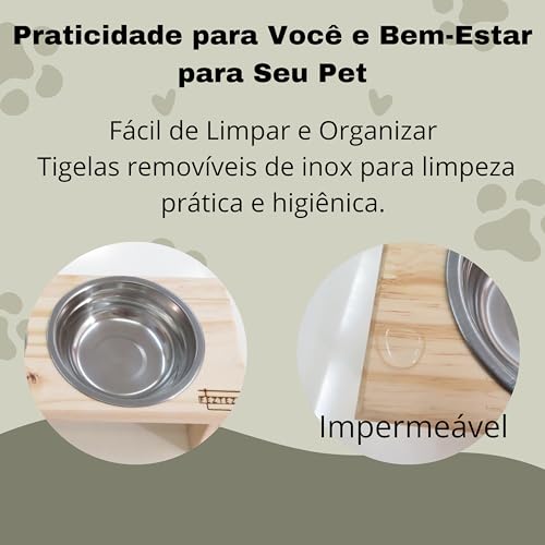Comedouro e Bebedouro Inclinado e Elevado para Cães e Gatos, Madeira, Ergonômico, Impermeável, Inox,