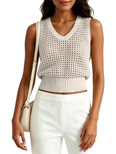 Image of Women's Crochet Tank Tops Sleeveless Sequins Lightweight Sweaters Bohemian Beach Hollow Out Knitted Vest