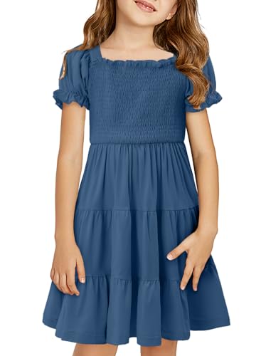 Yoklass Girls Casual Smocked Dress Square Neck Puff Short Sleeve Ruffle Dresses 4-13 Years