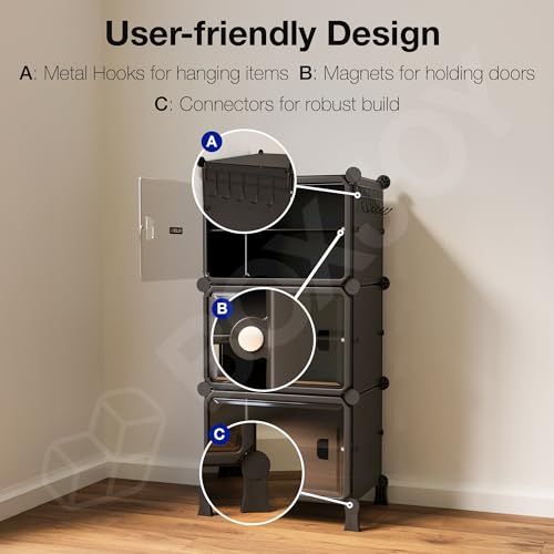 Image of BOXJOY 6 Shelf Shoe Rack with 3 Doors, Magnets and 5 Hook Steel Holder for Home Storage Box Organizer, Hard PET Plastic with Metal Frame, Shoe Chappal Slipper Sandals Stand(Black, Transparent Door)