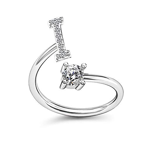 Image of HUJUON Silver Initial Letter Ring for Women. Adjustable Crystal Alphabet Ring,Name Initials Stackable Knuckle Rings A-Z CZ Open Ring