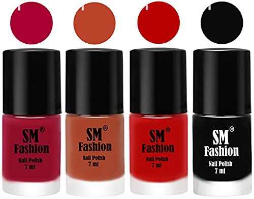 Image of Nail Polish Combo Set (Pack of 4) Quick Dry Gel Finish Nail Paint | Dark Magenta,Light Coral,Red,Black | 7 ml Each