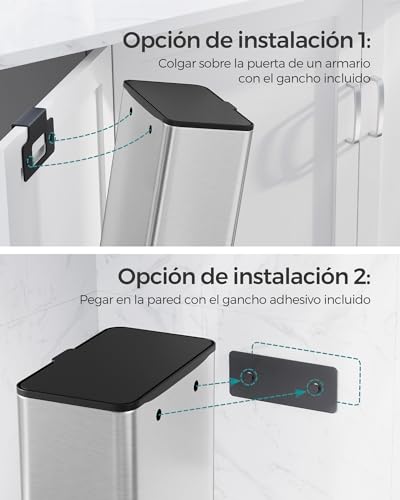 SONGMICS Cubo de Basura Colgante, Cubo de Basura Acero 8 L con Tapa para Residuos, para Colgar en la Puerta del Armario o la Pared con Ganchos, Debajo del Fregadero, Baños, Plata Metálico LTB810E08