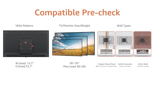 Amazon Basics Full Motion Articulating TV Wall Mount, with Swivel and Tilt, for 26" to 55" TVs and Flat Panels up to 80 Lbs, VESA Compatible, Single Stud, Black view 2