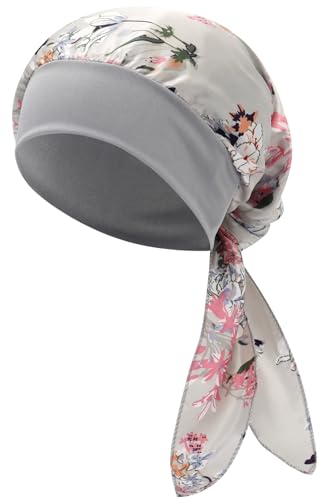 LIMHOO Damen Chemoturban Satin-Kopftuch Elastisches Breitband-Kopfband Beanie-Mütze bei Haarausfall durch Krebs (Grau)