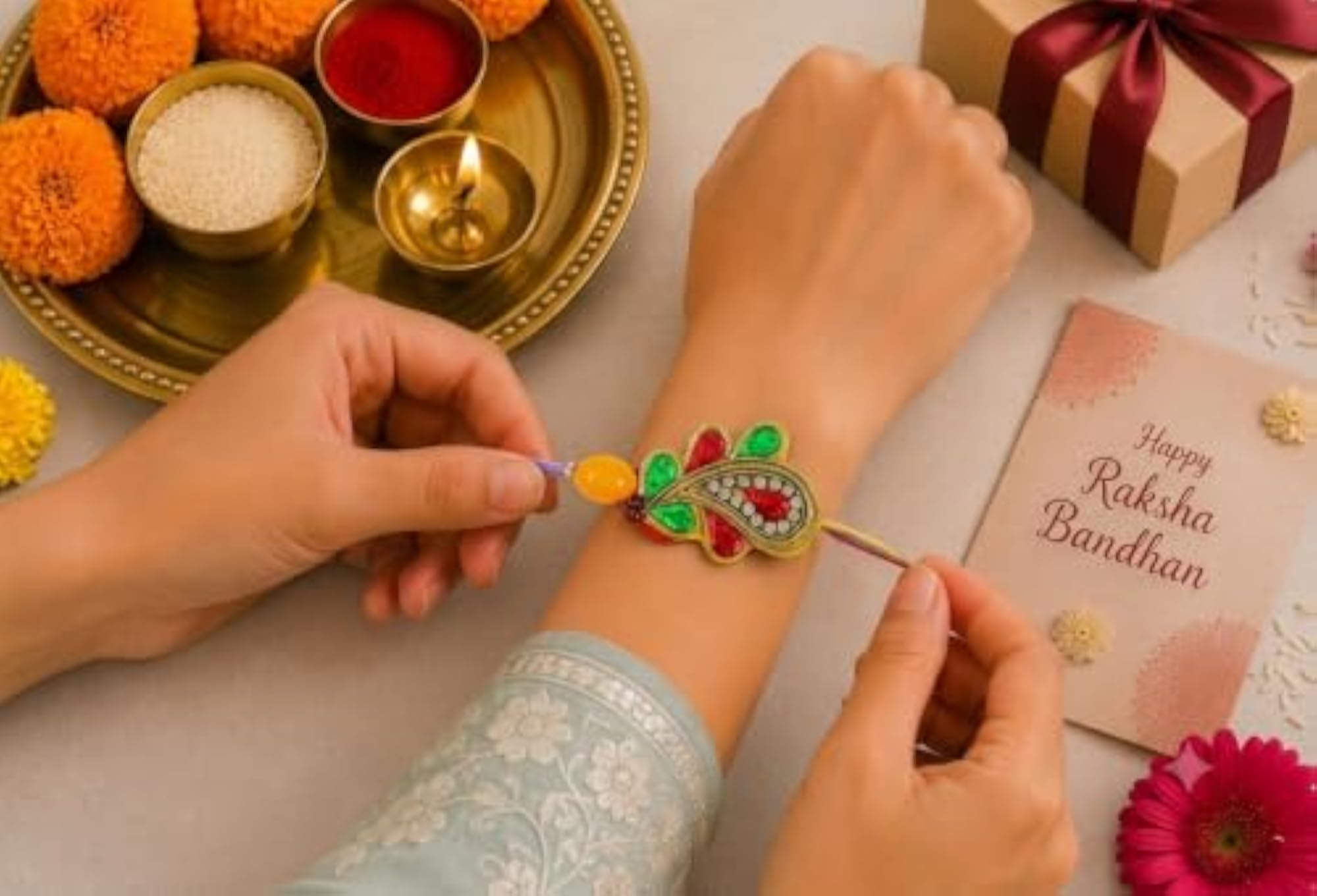 Orange Green Paisley Dabka Rakhi Bracelet with Satin Strings & Tika