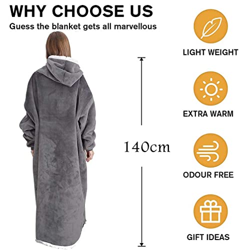 EAHOME Extra Long Hoodie Blanket Sweatshirt 3XL for Women Men 1pcs, Super Warm and Cozy Big Blanket Hoodie, Wearable Flannel Blanket with Sleeves and Pocket Dark Grey