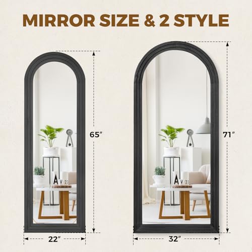 Image of 65x22 Arched Full Length Mirror, Solid Wood 3 Layer Frame, Black