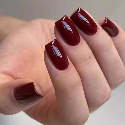 LunarCharm 24 peças unhas postiças quadradas de cor bordô, com almofadas adesivas de gel, unhas acrílicas vermelhas escuras para mulheres, unhas curtas naturais