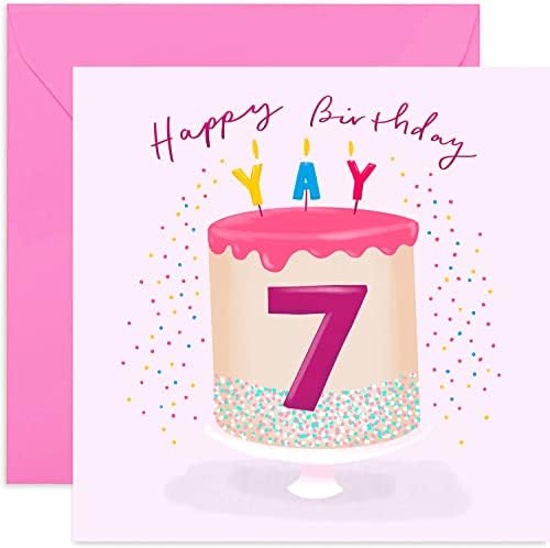 Old English Co. Pink Cake 7th Birthday Card - Girl Seventh Birthday Card | Daughter, Grandaughter, Niece | Blank Inside & Envelope Included