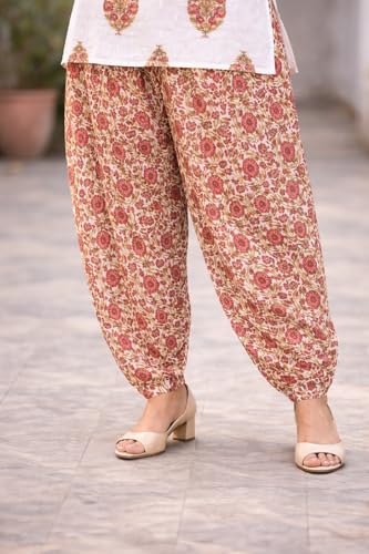 Image of Women's Cotton Floral Print Kurta Patiala Pant Set, White and Purple Traditional Indian Ethnic Wear with Damask Pattern