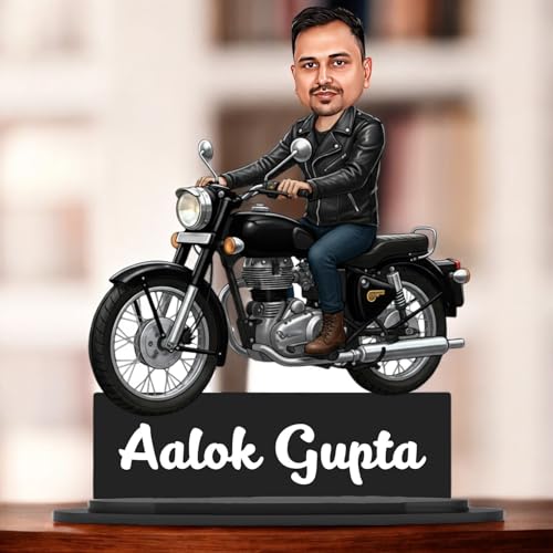 Image of Taxton Custom Bike Rider Caricature Personalized Wooden Bike Photo Frame for Men | 7.5 Inch Durable Double Wood Print with Acrylic Name Plate (Black)