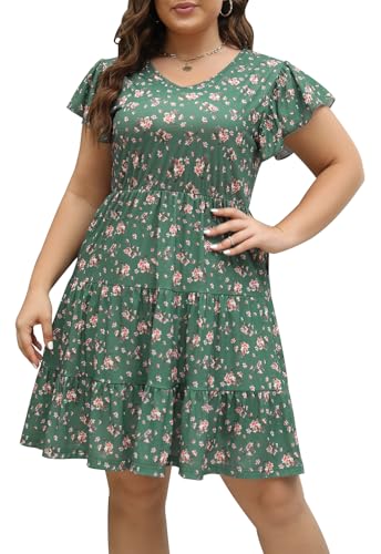 Image of Celkuser Womens Plus Size Summer Casual Midi Dress Short Ruffle Sleeve Tiered Empire Waist T-Shirt Dress with Pockets